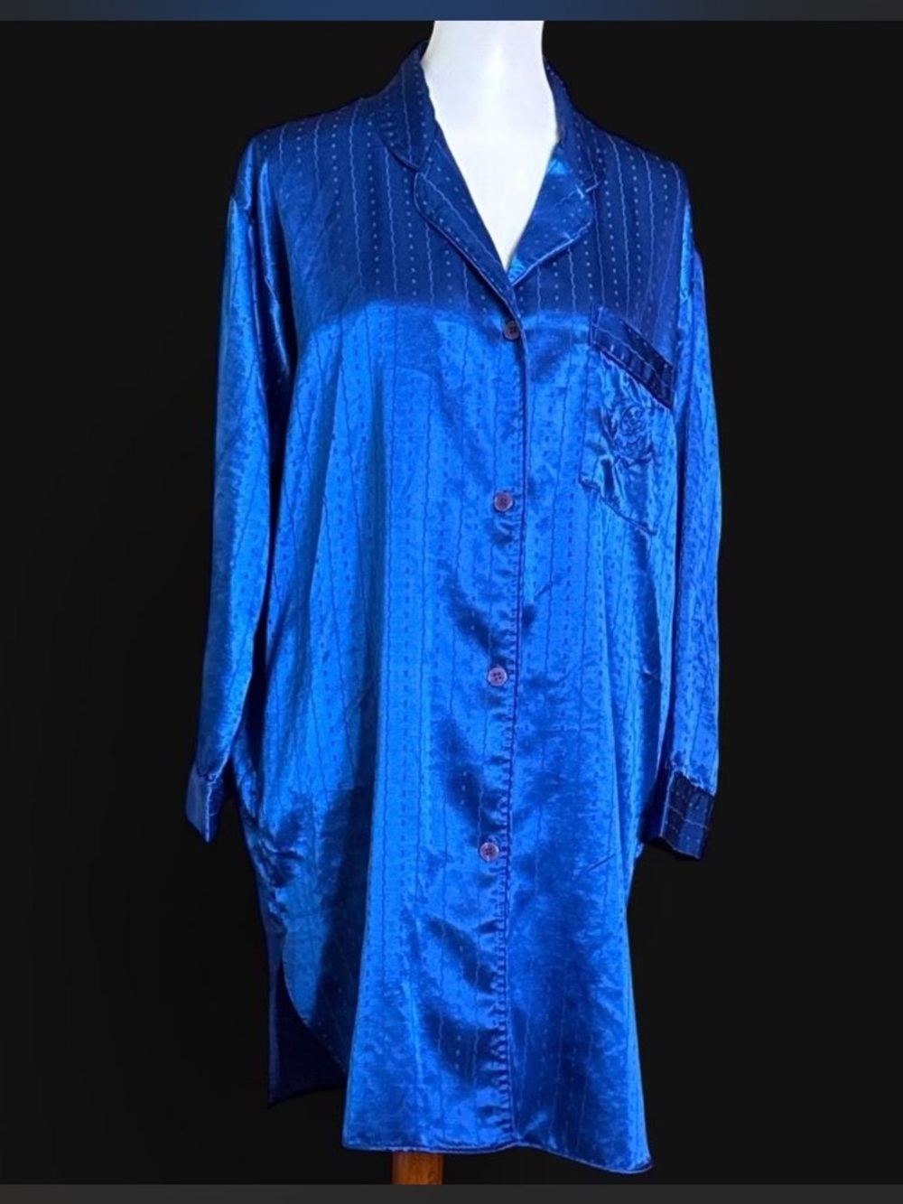 Vintage Royal Blue Brushed Back Satin Oversized Sleepshirt/Nightgown Large